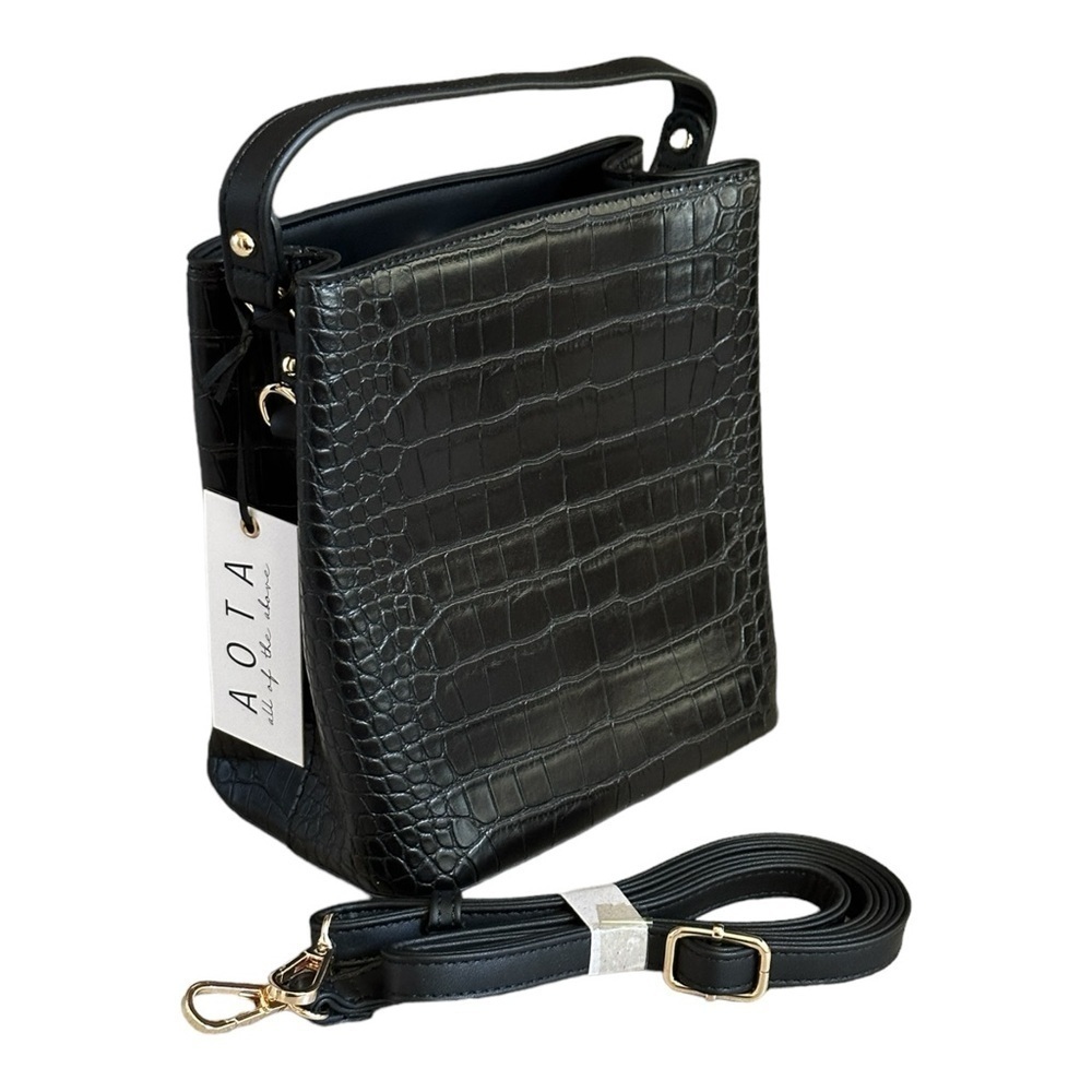 Revolve AOTA Elena Croc Embossed Faux Leather Crossbody Bucket Bag NWT Black